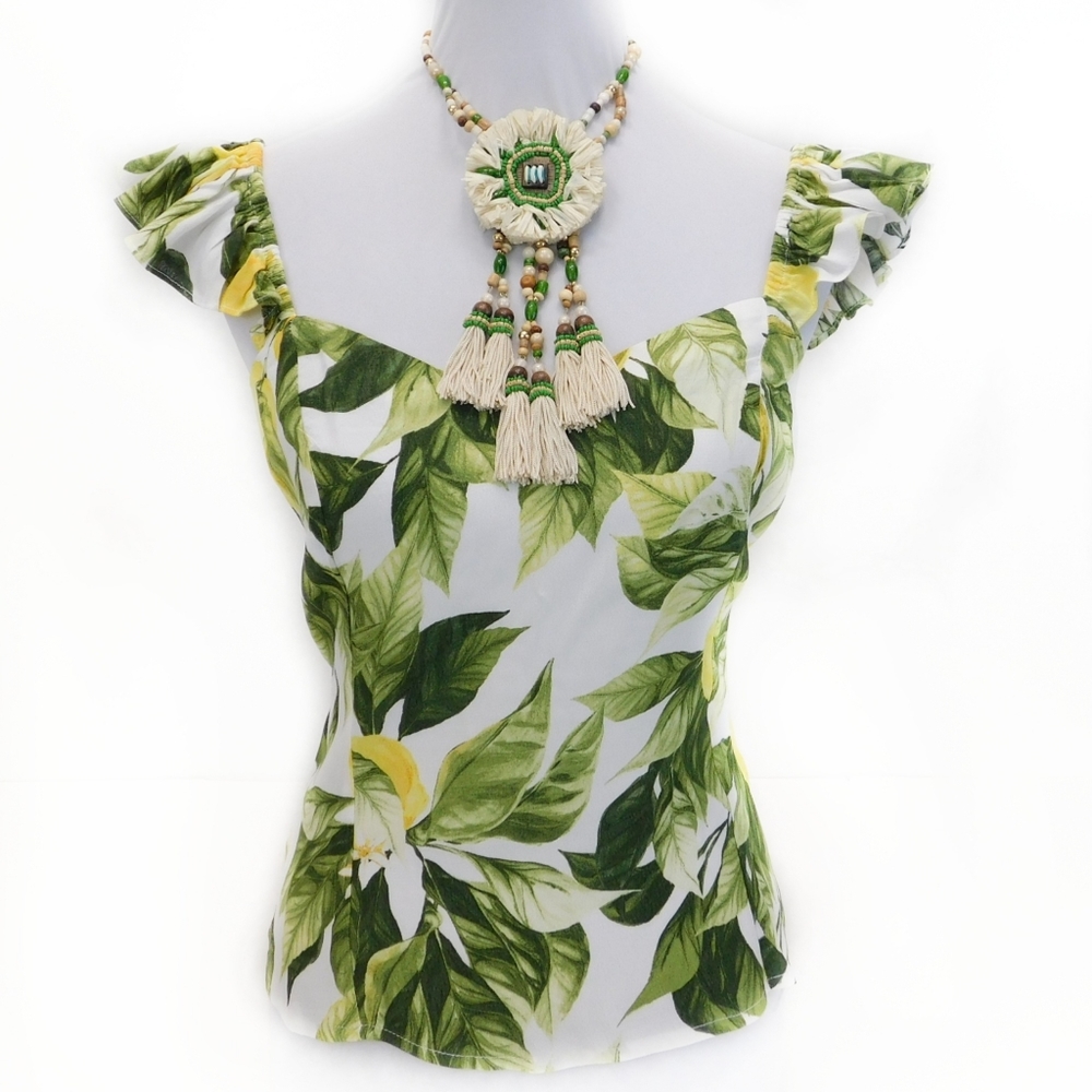 Tropical Lemon Print Ruffle Trim Summer Top - Picture 4 of 5